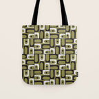 Mid Century Modern Abstract Geometric Piquet Multi Pattern in Retro Olive Black White Tote Bag Gallery Image 1
