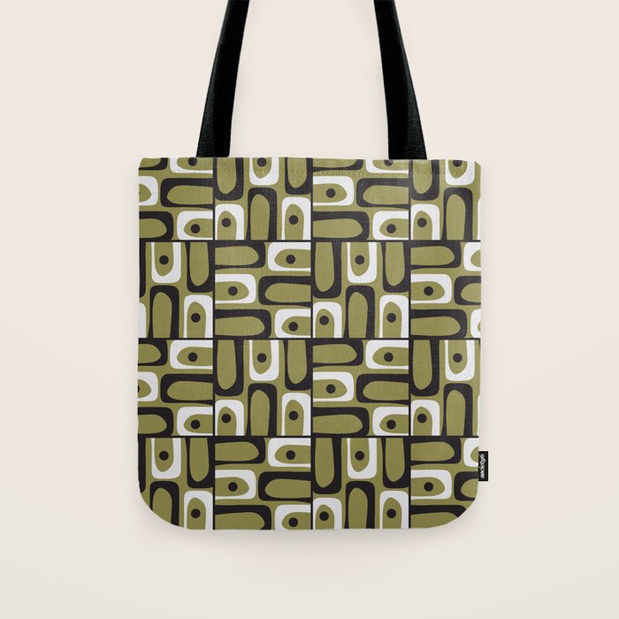 Mid Century Modern Abstract Geometric Piquet Multi Pattern in Retro Olive Black White Tote Bag Gallery Image 1