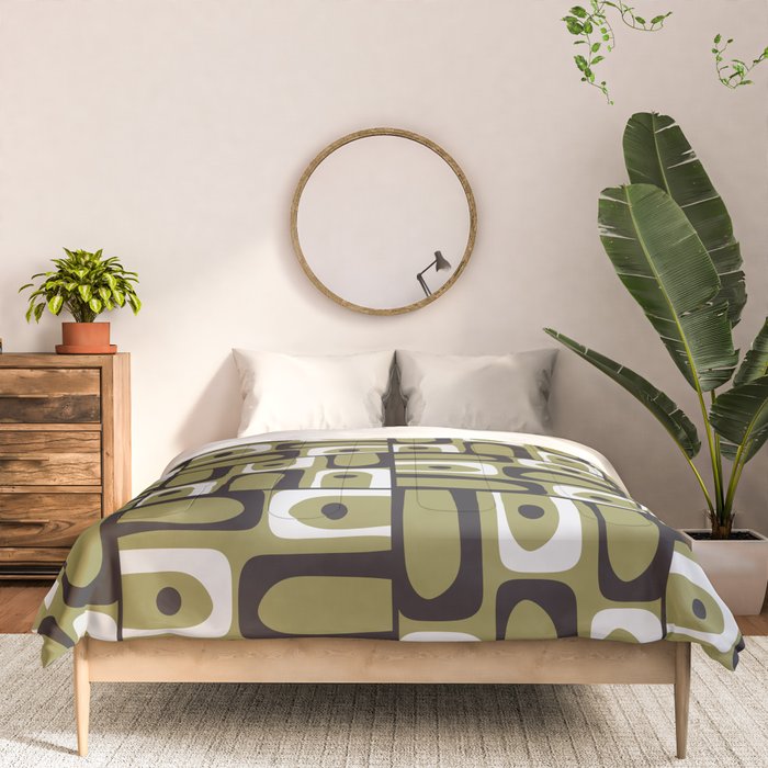 Mid Century Modern Abstract Geometric Piquet Multi Pattern in Retro Olive Black White Comforter Gallery Image 3