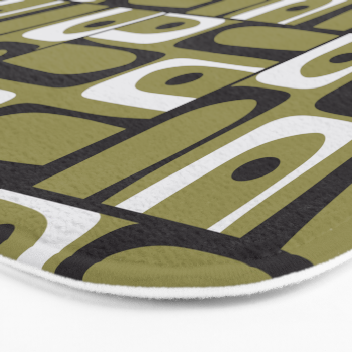 Mid Century Modern Abstract Geometric Piquet Multi Pattern in Retro Olive Black White Bath Mat Gallery Image 3