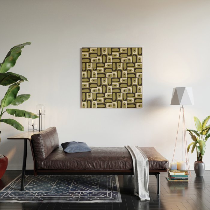 Mid Century Modern Abstract Geometric Piquet Multi Pattern in Retro Olive Black White Wood Wall Art Gallery Image 2