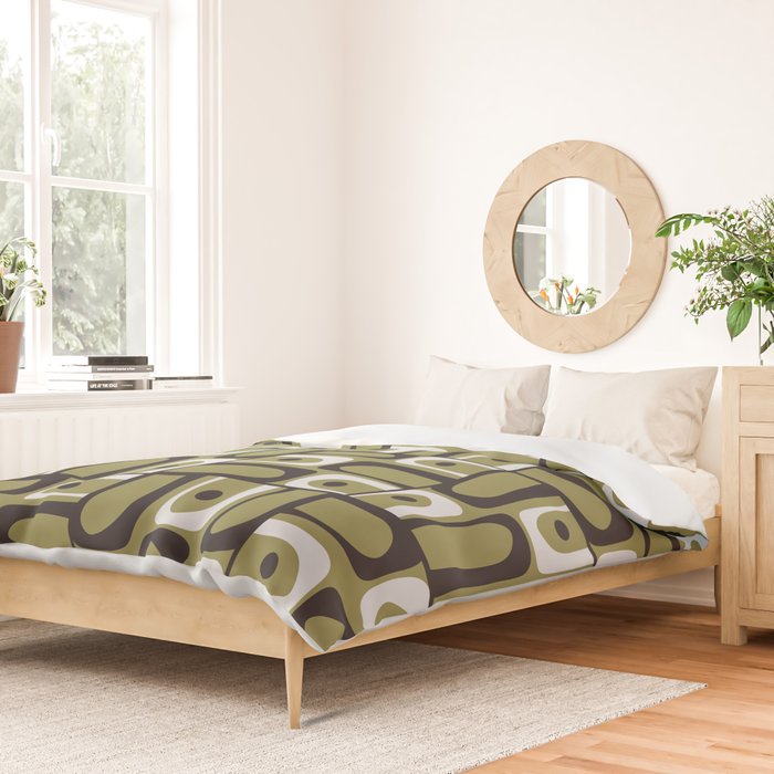 Mid Century Modern Abstract Geometric Piquet Multi Pattern in Retro Olive Black White Duvet Cover Gallery Image 2