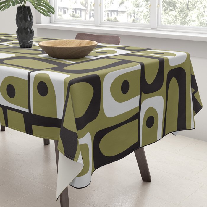 Mid Century Modern Abstract Geometric Piquet Multi Pattern in Retro Olive Black White Tablecloth Gallery Image 3