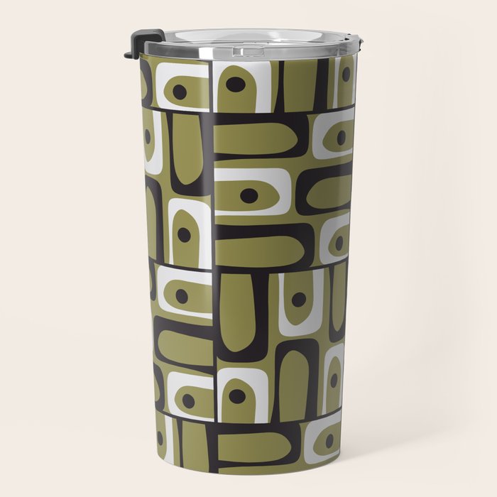 Mid Century Modern Abstract Geometric Piquet Multi Pattern in Retro Olive Black White Travel Mug Gallery Image 3
