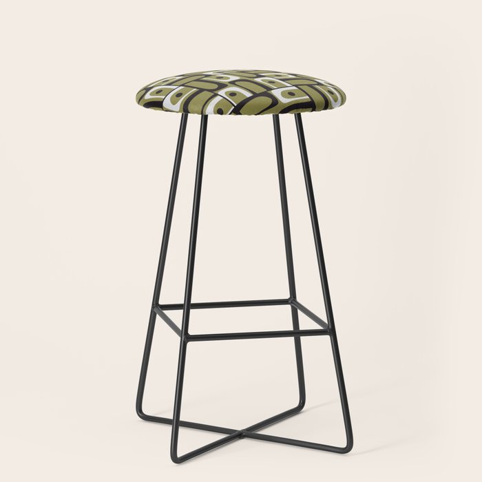 Mid Century Modern Abstract Geometric Piquet Multi Pattern in Retro Olive Black White Stool Gallery Image 1