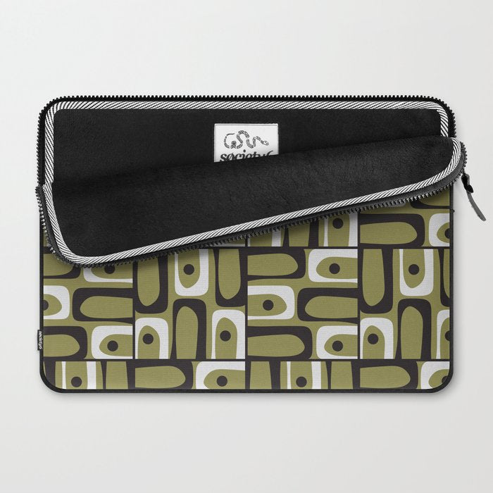 Mid Century Modern Abstract Geometric Piquet Multi Pattern in Retro Olive Black White Laptop Sleeve Gallery Image 2