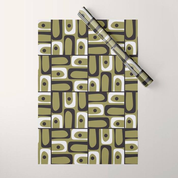 Mid Century Modern Abstract Geometric Piquet Multi Pattern in Retro Olive Black White Wrapping Paper Gallery Image 1