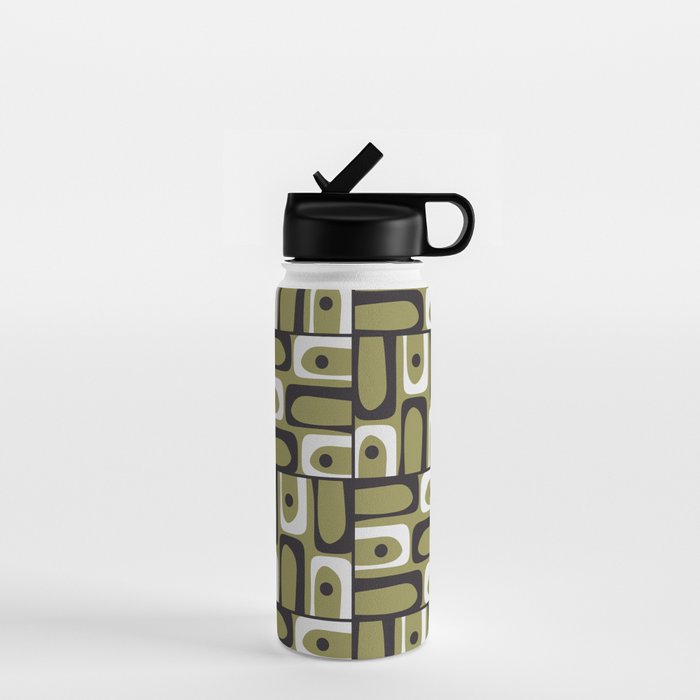 Mid Century Modern Abstract Geometric Piquet Multi Pattern in Retro Olive Black White Water Bottle Gallery Image 1