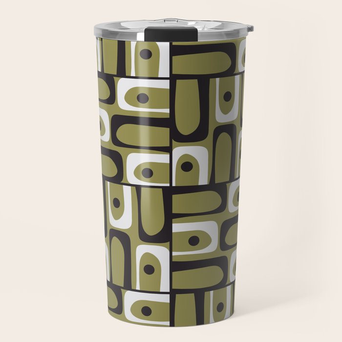 Mid Century Modern Abstract Geometric Piquet Multi Pattern in Retro Olive Black White Travel Mug Gallery Image 1