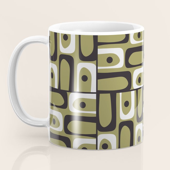 Mid Century Modern Abstract Geometric Piquet Multi Pattern in Retro Olive Black White Coffee Mug Gallery Image 3