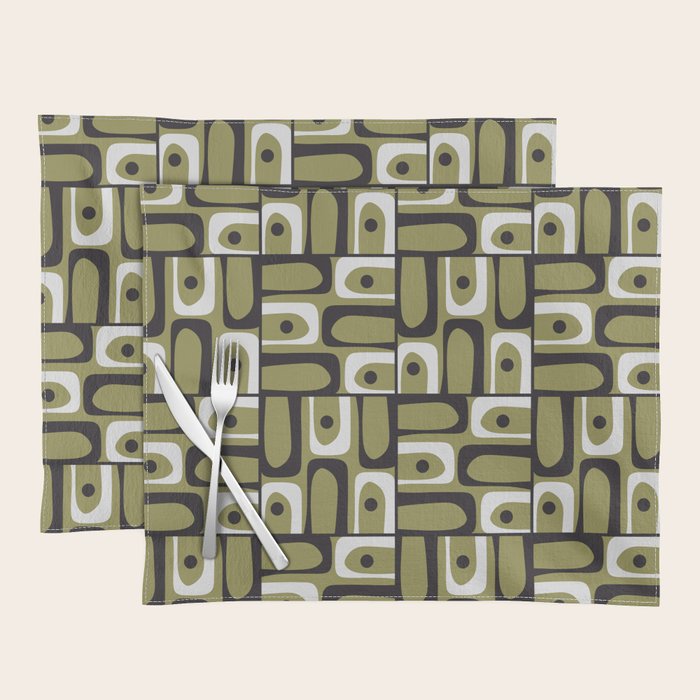 Mid Century Modern Abstract Geometric Piquet Multi Pattern in Retro Olive Black White Placemat Gallery Image 1