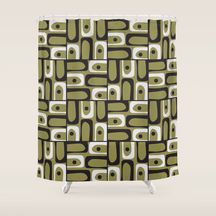 Mid Century Modern Abstract Geometric Piquet Multi Pattern in Retro Olive Black White Shower Curtain Gallery Image 1