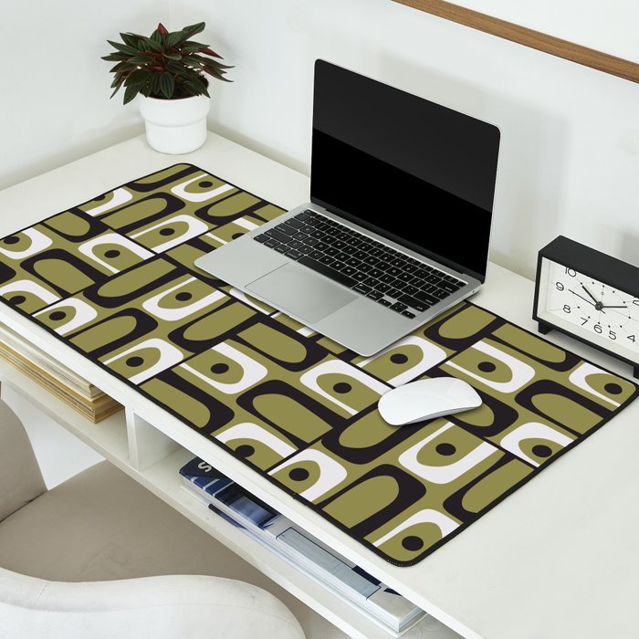 Mid Century Modern Abstract Geometric Piquet Multi Pattern in Retro Olive Black White Desk Mat Gallery Image 2