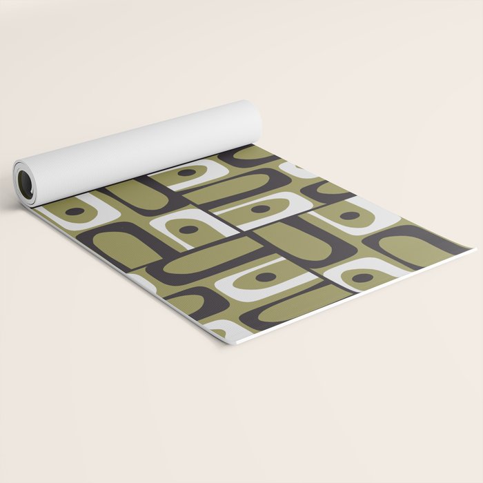 Mid Century Modern Abstract Geometric Piquet Multi Pattern in Retro Olive Black White Yoga Mat Gallery Image 2