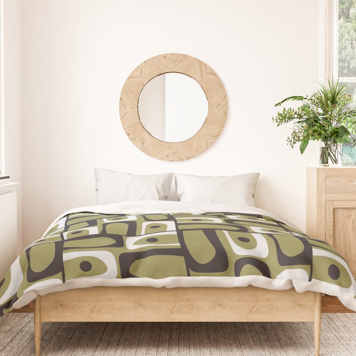 Mid Century Modern Abstract Geometric Piquet Multi Pattern in Retro Olive Black White Duvet Cover Gallery Image 3