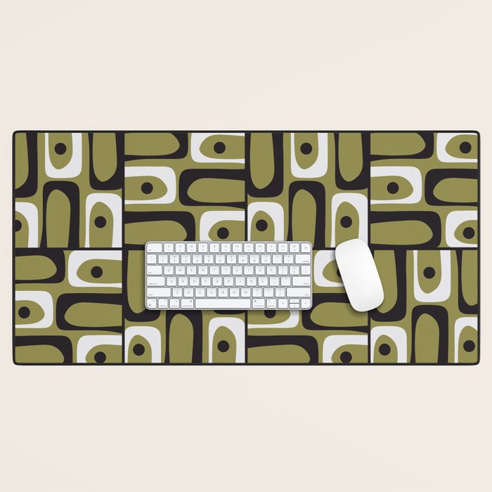 Mid Century Modern Abstract Geometric Piquet Multi Pattern in Retro Olive Black White Desk Mat Gallery Image 1