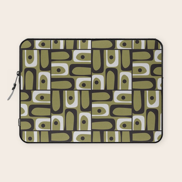 Mid Century Modern Abstract Geometric Piquet Multi Pattern in Retro Olive Black White Laptop Sleeve Gallery Image 1