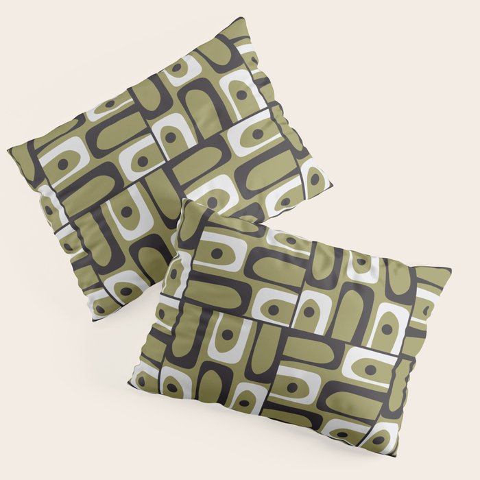 Mid Century Modern Abstract Geometric Piquet Multi Pattern in Retro Olive Black White Pillow Sham Gallery Image 3