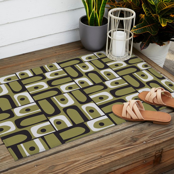 Mid Century Modern Abstract Geometric Piquet Multi Pattern in Retro Olive Black White Outdoor Rug Gallery Image 2