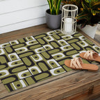 Mid Century Modern Abstract Geometric Piquet Multi Pattern in Retro Olive Black White Outdoor Rug Gallery Image 2