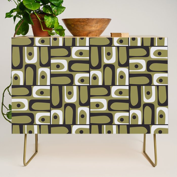 Mid Century Modern Abstract Geometric Piquet Multi Pattern in Retro Olive Black White Credenza Gallery Image 1