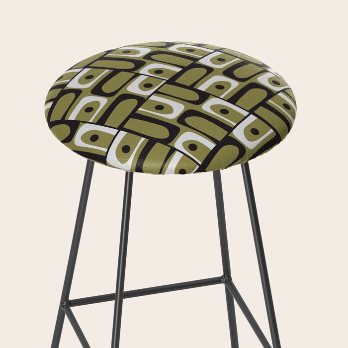 Mid Century Modern Abstract Geometric Piquet Multi Pattern in Retro Olive Black White Stool Gallery Image 2