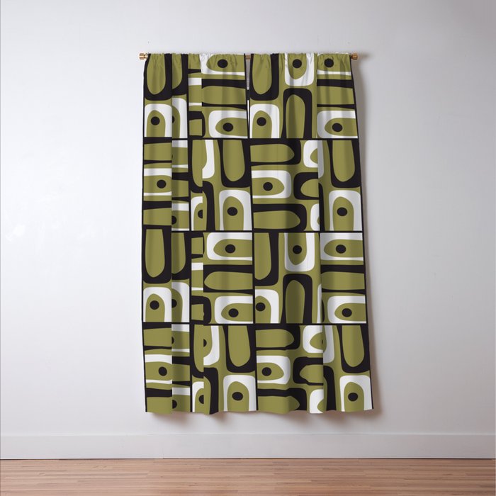 Mid Century Modern Abstract Geometric Piquet Multi Pattern in Retro Olive Black White Window Curtain Gallery Image 3