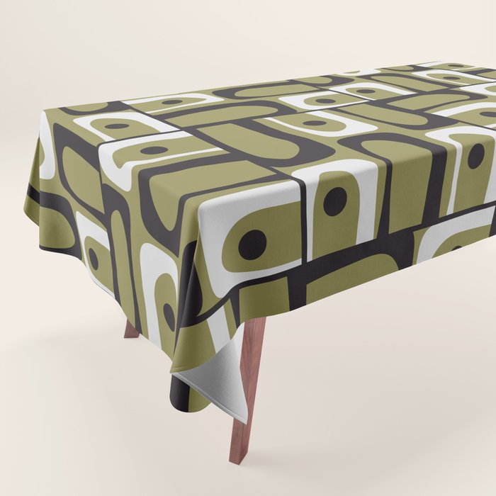 Mid Century Modern Abstract Geometric Piquet Multi Pattern in Retro Olive Black White Tablecloth Gallery Image 1