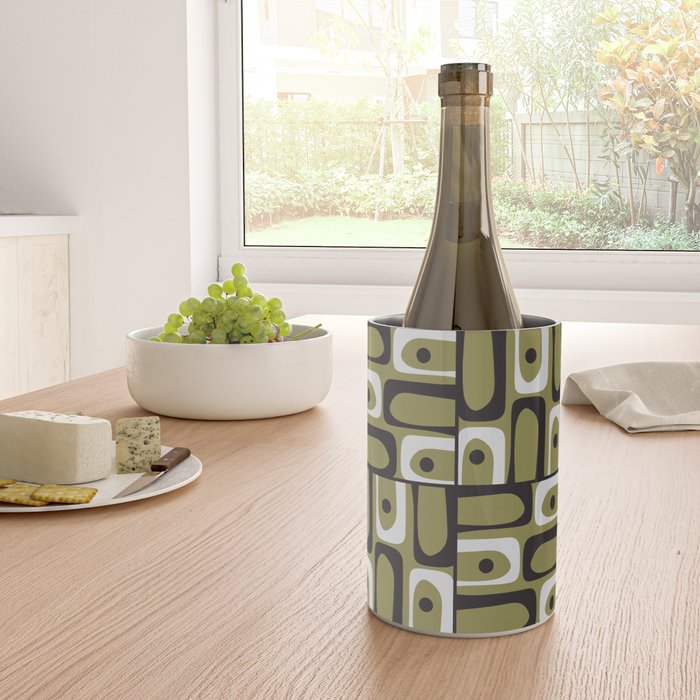 Mid Century Modern Abstract Geometric Piquet Multi Pattern in Retro Olive Black White Wine Chiller Gallery Image 4