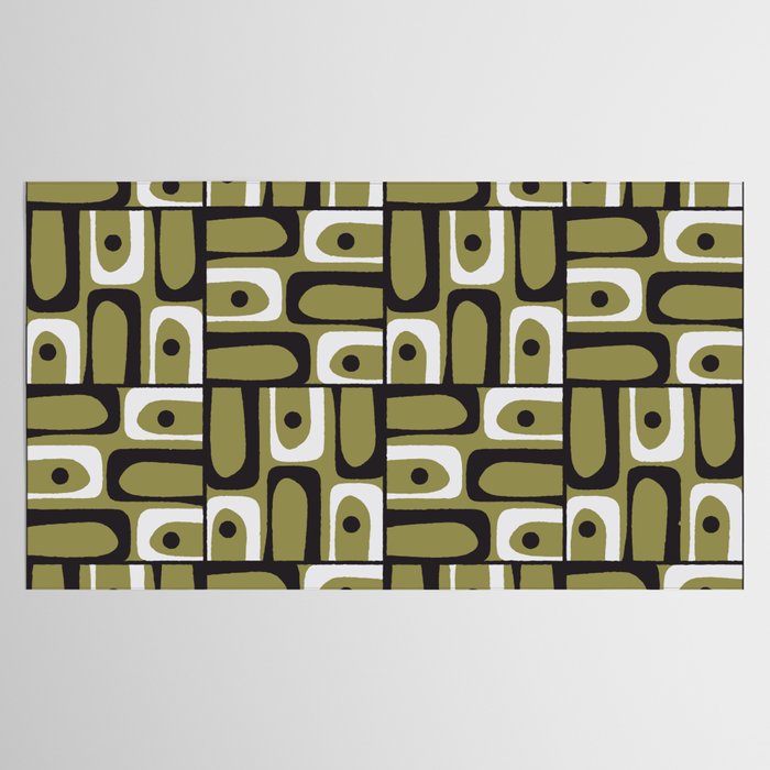 Mid Century Modern Abstract Geometric Piquet Multi Pattern in Retro Olive Black White Tablecloth Gallery Image 2