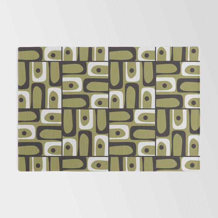 Mid Century Modern Abstract Geometric Piquet Multi Pattern in Retro Olive Black White Rug Gallery Image 2