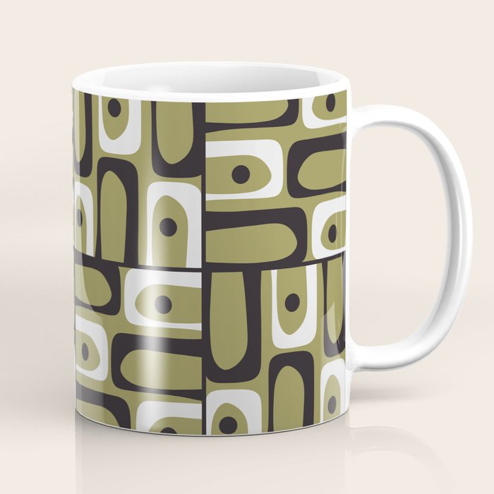 Mid Century Modern Abstract Geometric Piquet Multi Pattern in Retro Olive Black White Coffee Mug Gallery Image 1