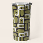 Mid Century Modern Abstract Geometric Piquet Multi Pattern in Retro Olive Black White Travel Mug Gallery Image 2