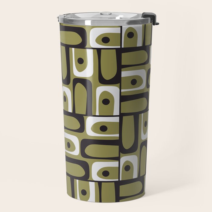 Mid Century Modern Abstract Geometric Piquet Multi Pattern in Retro Olive Black White Travel Mug Gallery Image 2