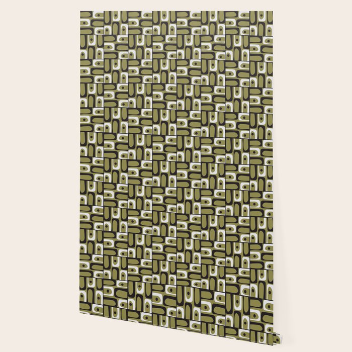 Mid Century Modern Abstract Geometric Piquet Multi Pattern in Retro Olive Black White Wallpaper Gallery Image 2
