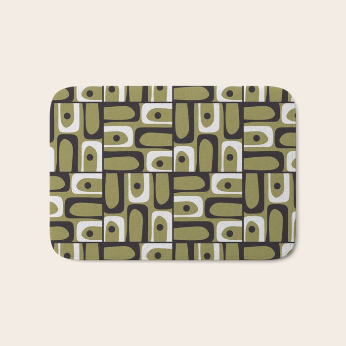 Mid Century Modern Abstract Geometric Piquet Multi Pattern in Retro Olive Black White Bath Mat Gallery Image 1