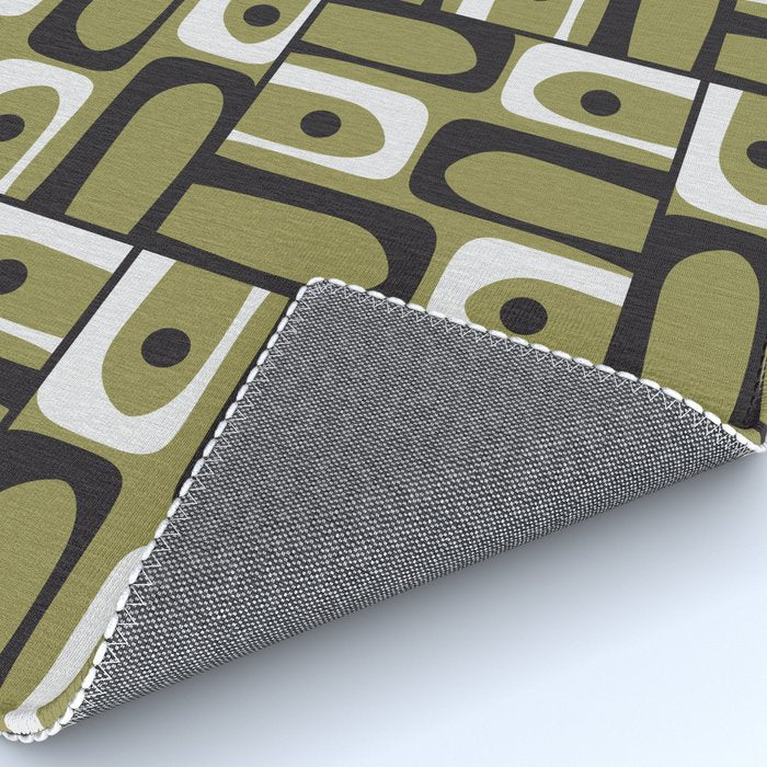Mid Century Modern Abstract Geometric Piquet Multi Pattern in Retro Olive Black White Rug Gallery Image 4