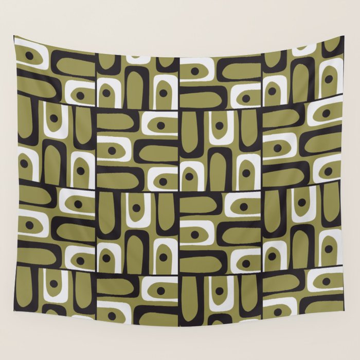 Mid Century Modern Abstract Geometric Piquet Multi Pattern in Retro Olive Black White Wall Tapestry Gallery Image 4