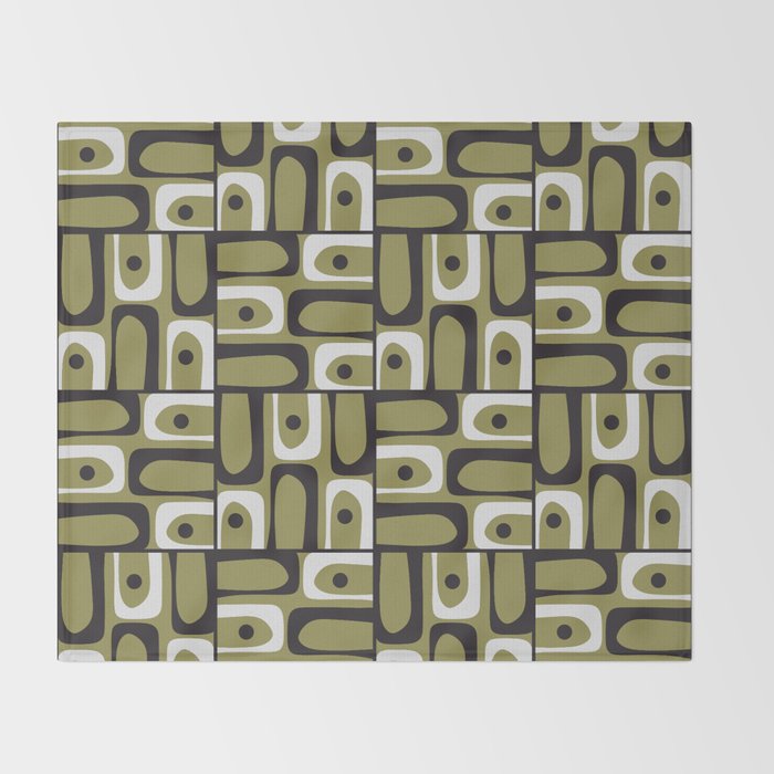 Mid Century Modern Abstract Geometric Piquet Multi Pattern in Retro Olive Black White Throw Blanket Gallery Image 2