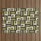 Mid Century Modern Abstract Geometric Piquet Multi Pattern in Retro Olive Black White Outdoor Rug Gallery Image 1