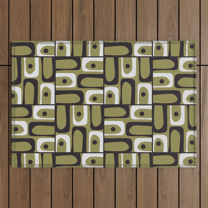 Mid Century Modern Abstract Geometric Piquet Multi Pattern in Retro Olive Black White Outdoor Rug Gallery Image 1