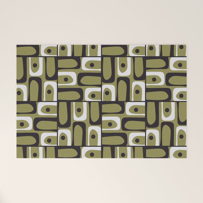 Mid Century Modern Abstract Geometric Piquet Multi Pattern in Retro Olive Black White Welcome Mat Gallery Image 1