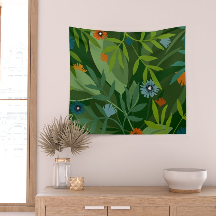 Dark Tropical Flower Pattern Wall Tapestry Gallery Image 2