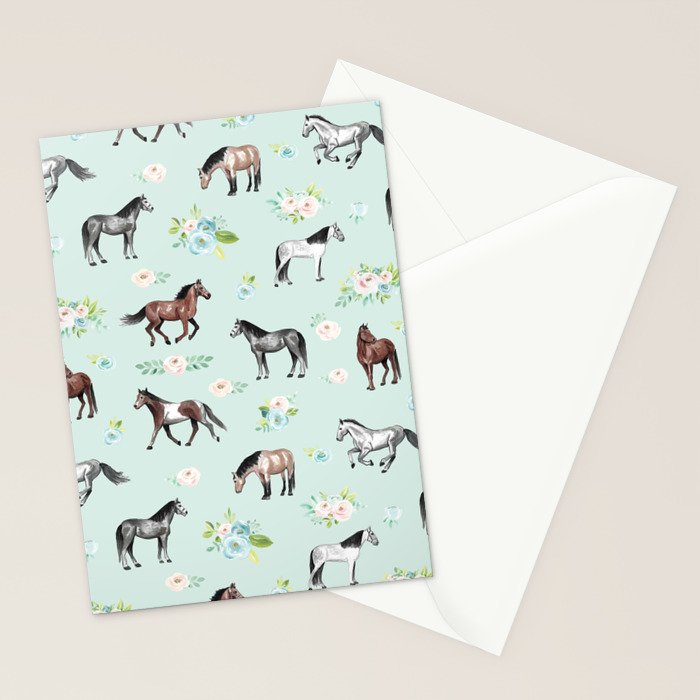 Floral Horse Pattern, Flowers and Horses, Romantic Blue, Horse Decor, Horse Art Stationery Card Gallery Image 2