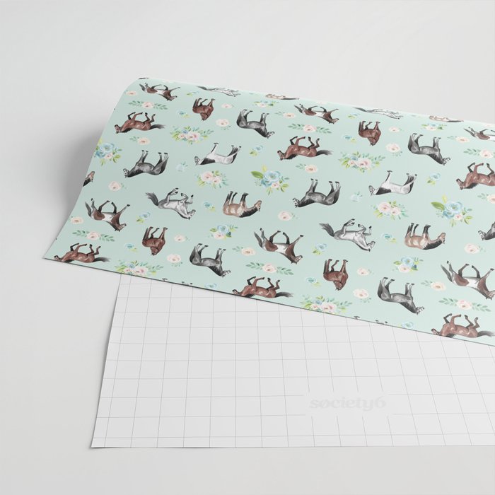 Floral Horse Pattern, Flowers and Horses, Romantic Blue, Horse Decor, Horse Art Wrapping Paper Gallery Image 2