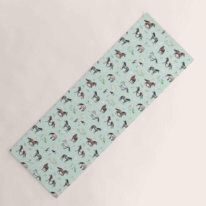 Floral Horse Pattern, Flowers and Horses, Romantic Blue, Horse Decor, Horse Art Yoga Mat Gallery Image 1