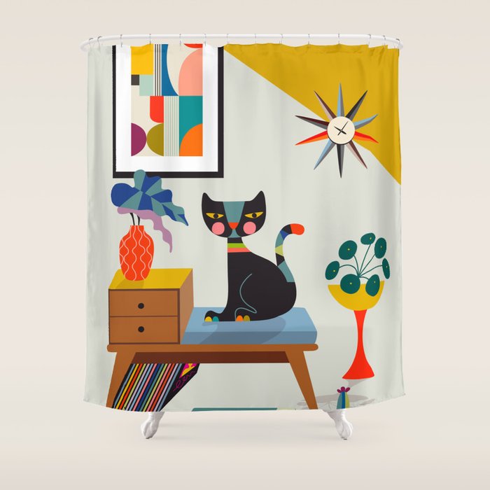 Mid Century Modern Cat Shower Curtain Gallery Image 1