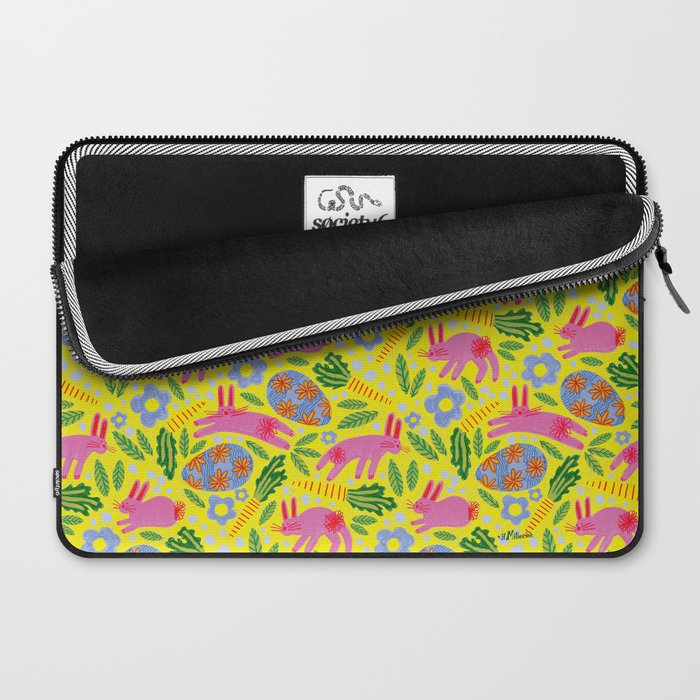 Cute Colorful Rabbits & Decorative Eggs in Yellow & Pink Laptop Sleeve Gallery Image 2