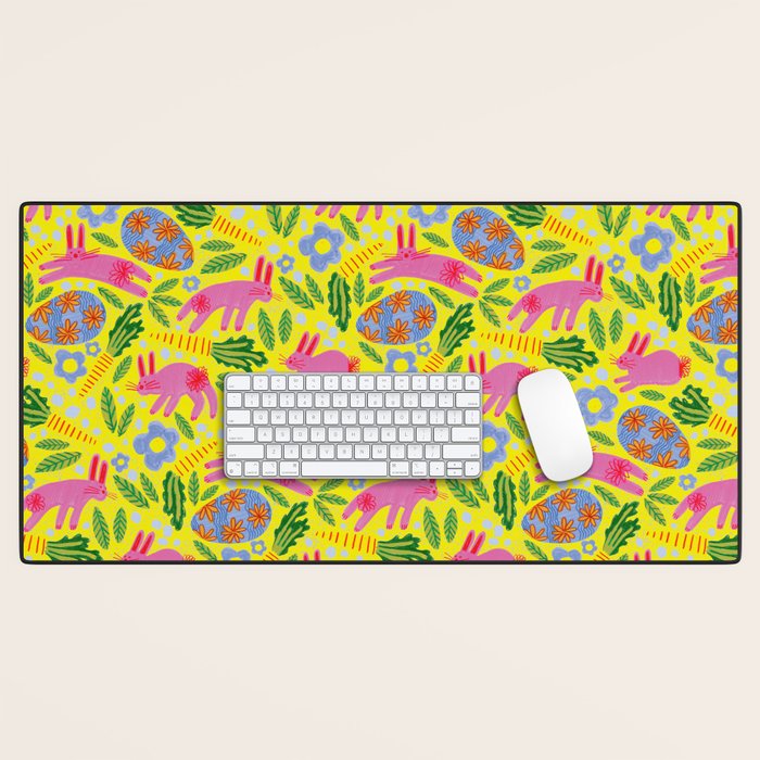 Cute Colorful Rabbits & Decorative Eggs in Yellow & Pink Desk Mat Gallery Image 1