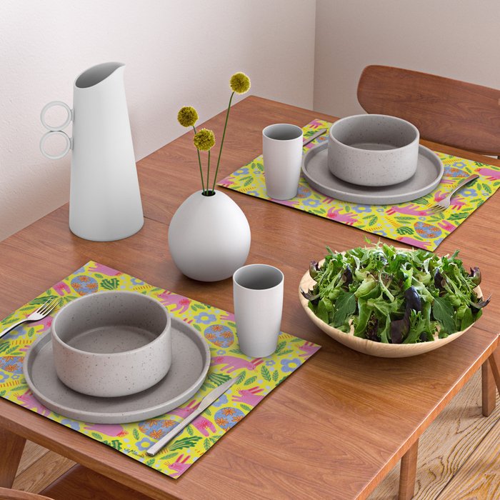 Cute Colorful Rabbits & Decorative Eggs in Yellow & Pink Placemat Gallery Image 2